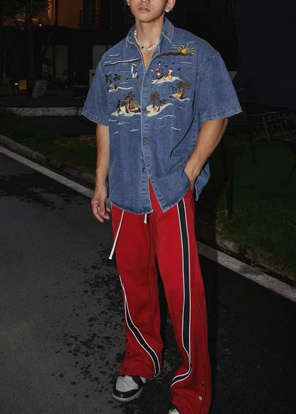 Boutique Blue Embroideried Denim Shirts Summer
