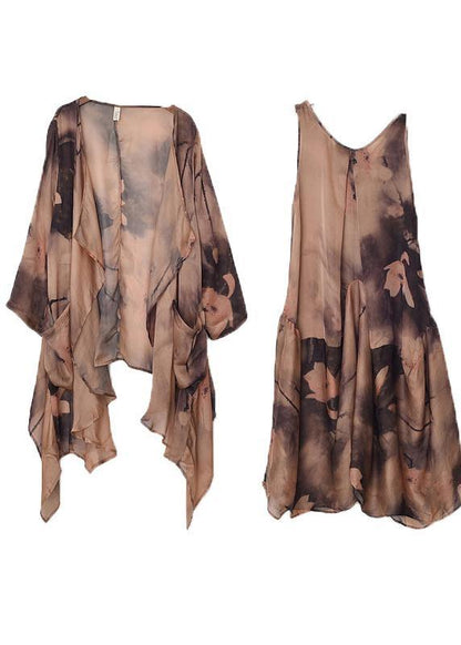 Boutique Blue Green Print O-neck Two-piece Set Summer Chiffon Dress