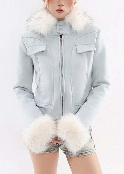 Boutique Blue Hooded Patchwork Faux Fur Warm Fleece Jacket Winter