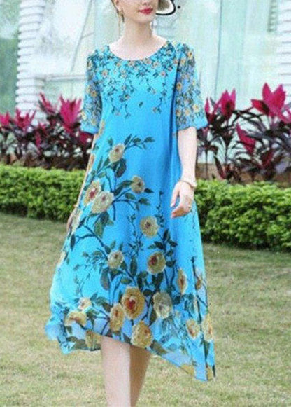 Boutique Blue O-neck Print Exra Large Hem Silk Dress Short Sleeve