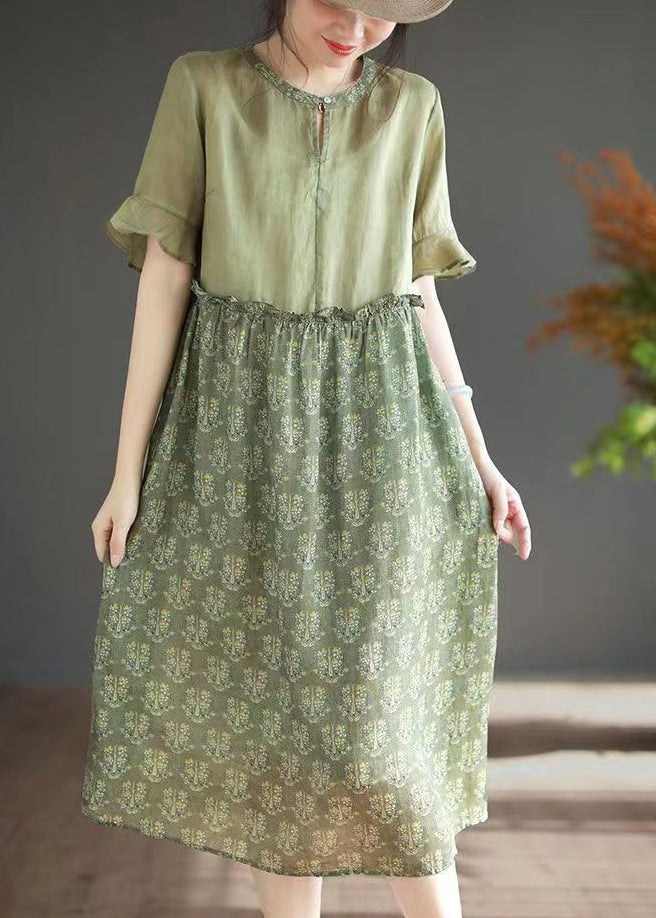 Boutique Blue O-neck Ruffled Print Patchwork Linen Dress Summer
