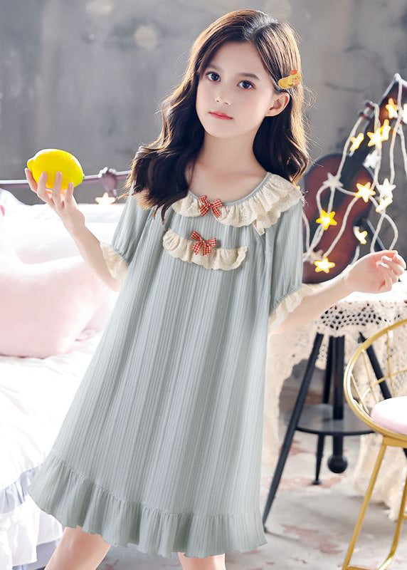 Boutique Blue O-neck Striped Bow Patchwork Cotton Long Dress Summer