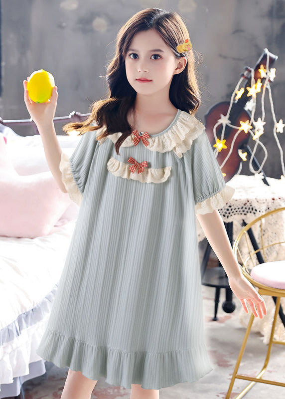 Boutique Blue O-neck Striped Bow Patchwork Cotton Long Dress Summer
