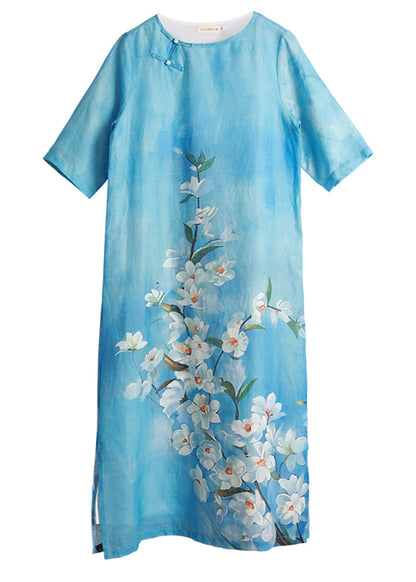 Boutique Blue O-neck Side Open Print Linen Long Dresses Half Sleeve