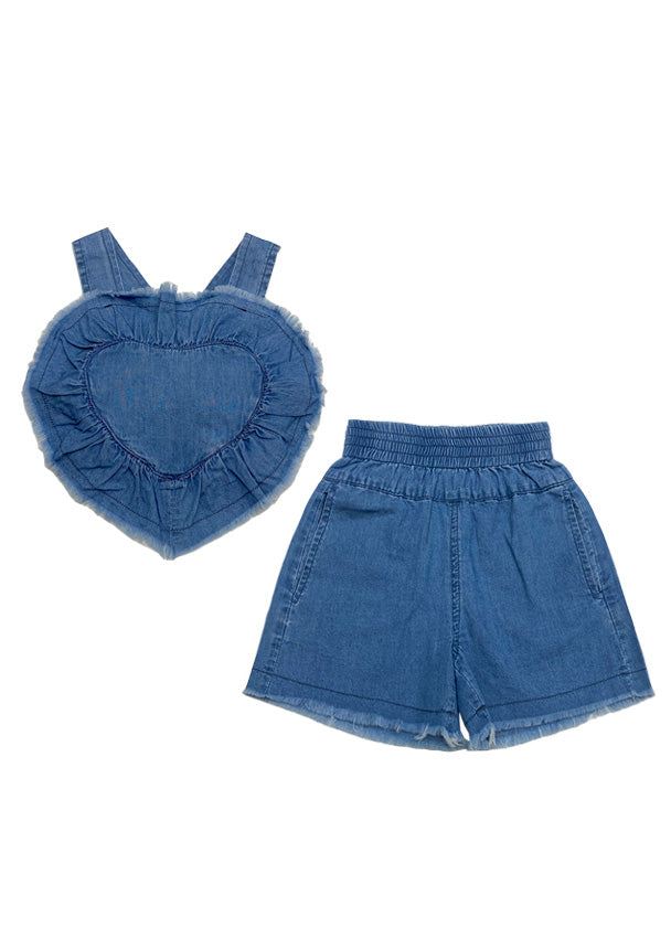 Boutique Blue Patchwork Cotton Love Slip Vest and Shorts Two Pieces Set Summer