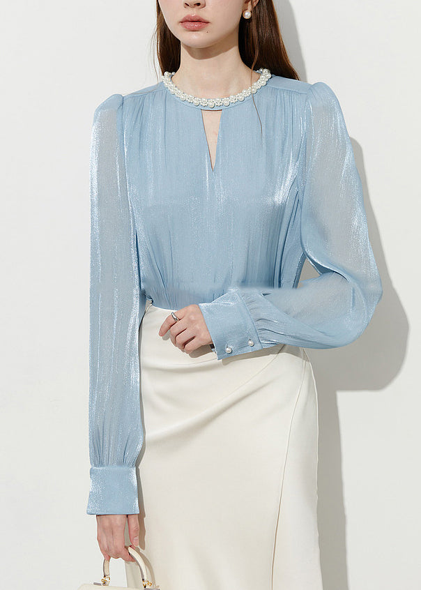 Boutique Blue Pearl Draping Silk Shitr Tops Spring