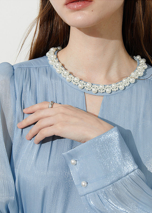 Boutique Blue Pearl Draping Silk Shitr Tops Spring