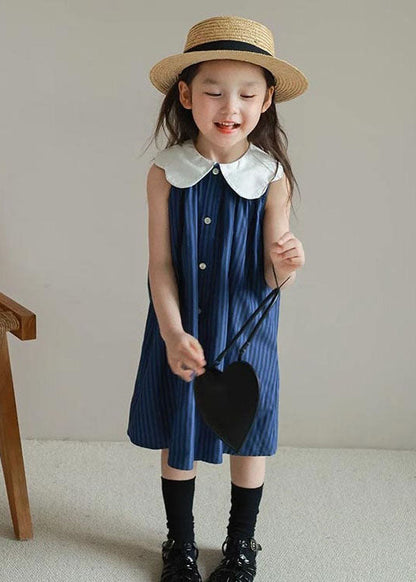Boutique Blue Peter Pan Collar Striped Patchwork Cotton Baby Dresses Summer