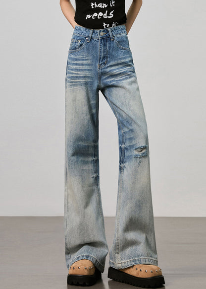 Boutique Blue Pockets High Waist Denim Ripped Pants Fall