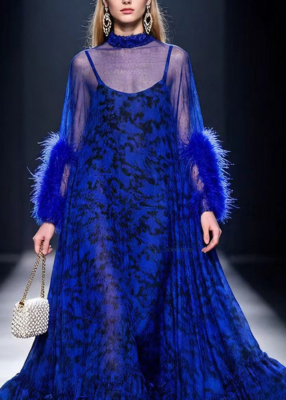 Boutique Blue Print Ruffled Fur Patchwork Cotton Maxi Dresses Spring