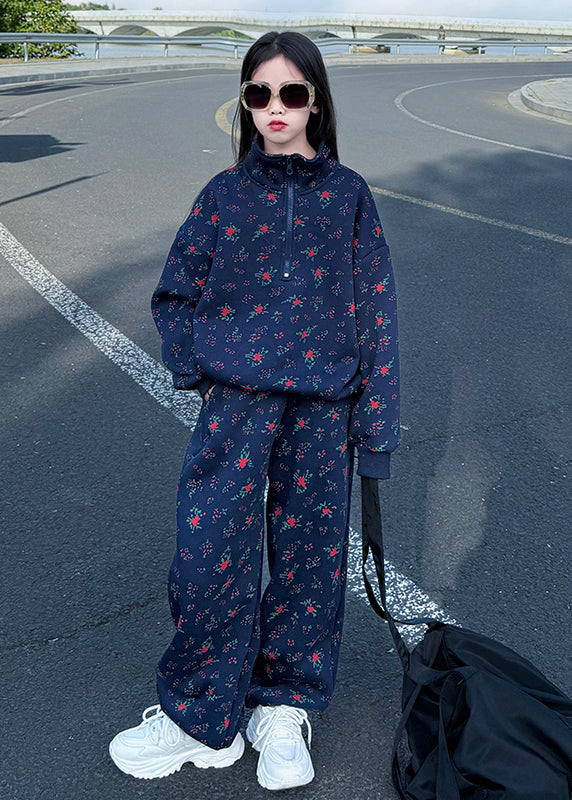 Boutique Blue Print Warm Fleece Sweatshirt and Pants Two Pieces Set Spring