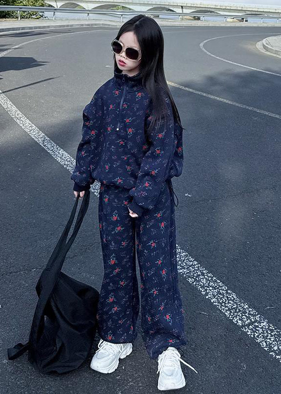 Boutique Blue Print Warm Fleece Sweatshirt and Pants Two Pieces Set Spring