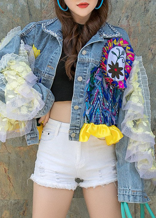Boutique Blue Ruffled Pockets Decorated Patchwork Denim Short Coat Spring