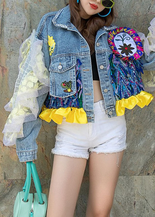 Boutique Blue Ruffled Pockets Decorated Patchwork Denim Short Coat Spring