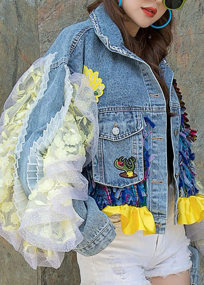 Boutique Blue Ruffled Pockets Decorated Patchwork Denim Short Coat Spring