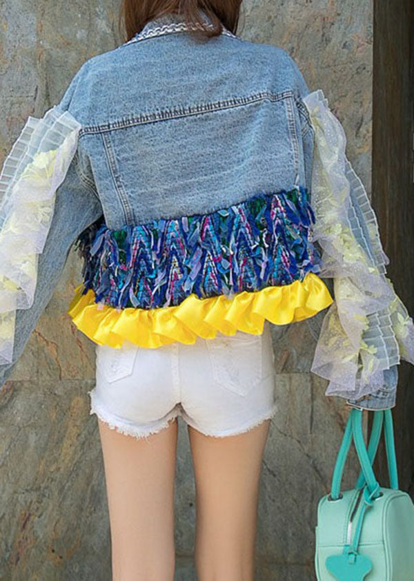 Boutique Blue Ruffled Pockets Decorated Patchwork Denim Short Coat Spring