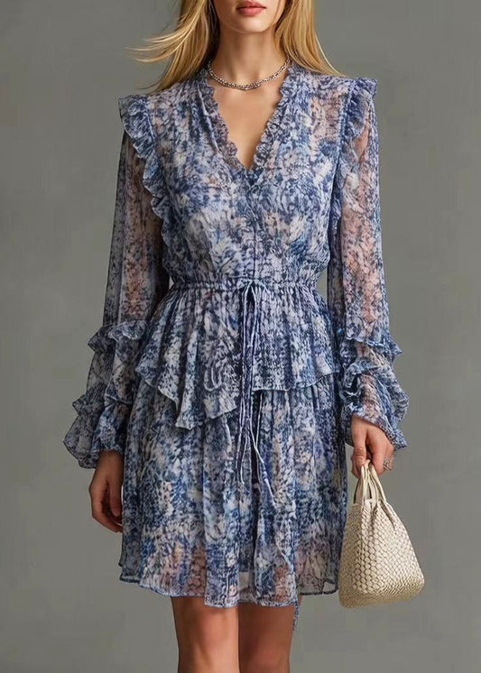 Boutique Blue Ruffled Print Chiffon Cinched Dresses Spring