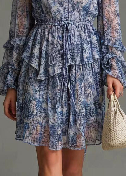 Boutique Blue Ruffled Print Chiffon Cinched Dresses Spring