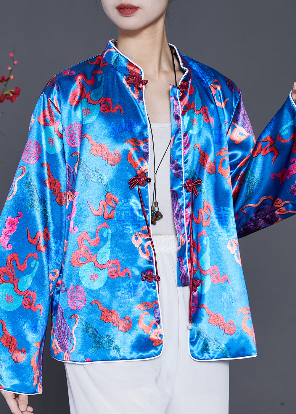 Boutique Blue Tasseled Jacquard Silk Coat Spring