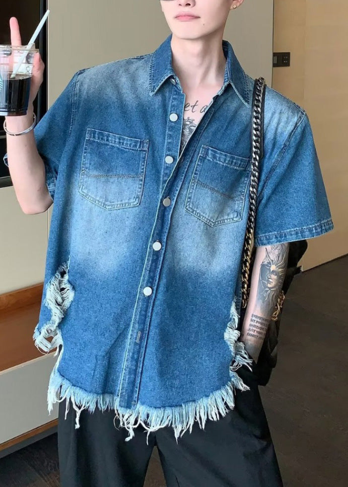 Boutique Blue Tasseled Patchwork Denim Shirts Summer