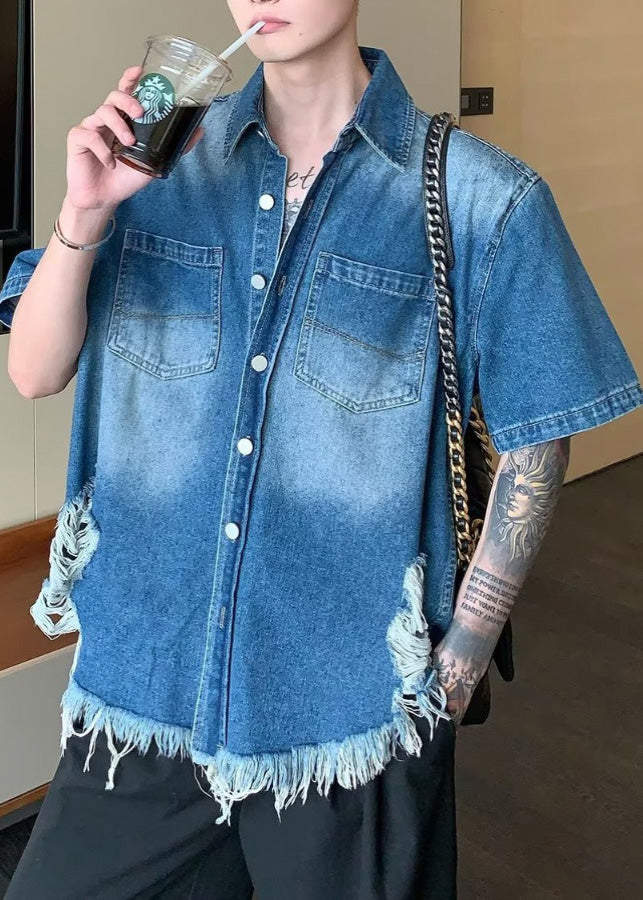 Boutique Blue Tasseled Patchwork Denim Shirts Summer