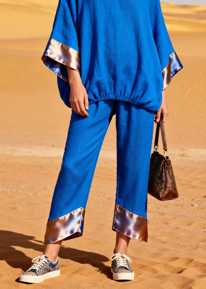 Boutique Blue Top and Pants Silk Patchwork Linen Two Pieces Set Summer