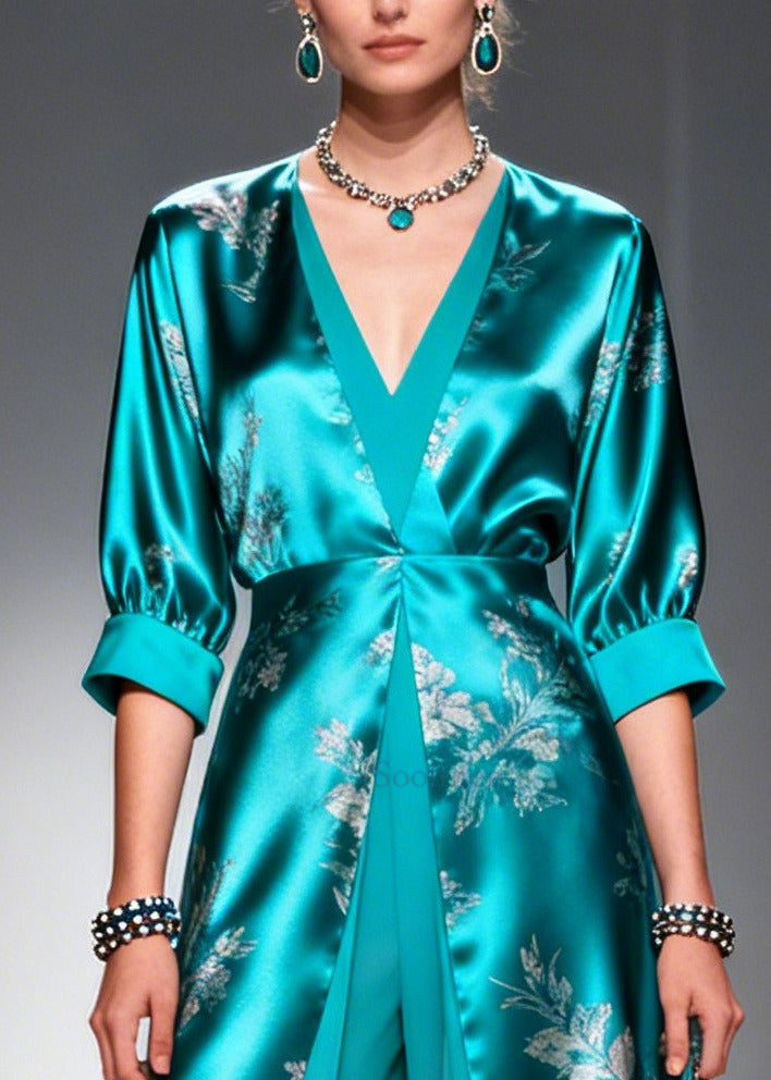 Boutique Blue V Neck Patchwork Print Silk Fake Two Piece Dresses Summer