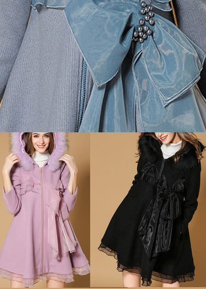 Boutique Blue Zippered Bow Fur Collar Fall Woolen Parka