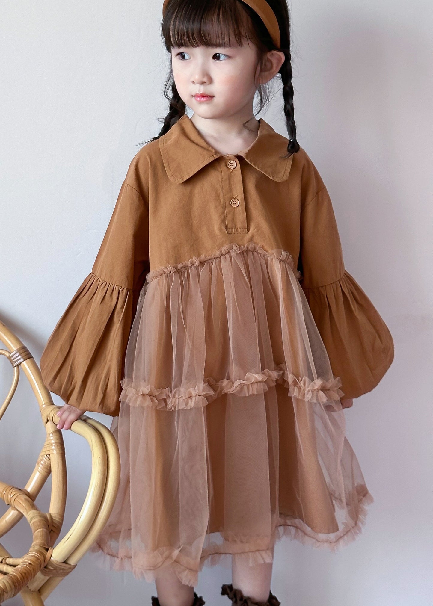 Boutique Caramel Peter Pan Collar Tulle Patchwork Cotton Baby Dress Fall