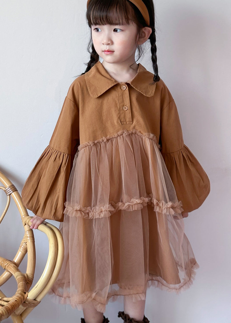 Boutique Caramel Peter Pan Collar Tulle Patchwork Cotton Baby Dress Fall