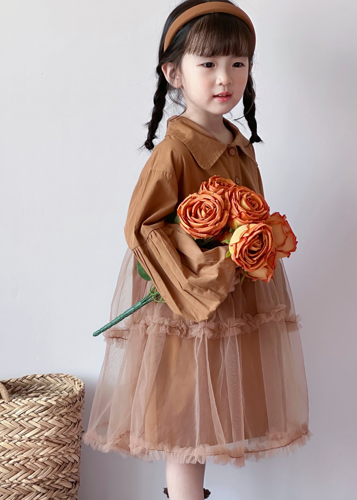 Boutique Caramel Peter Pan Collar Tulle Patchwork Cotton Baby Dress Fall