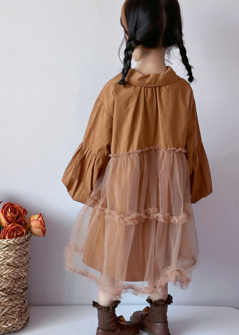 Boutique Caramel Peter Pan Collar Tulle Patchwork Cotton Baby Dress Fall