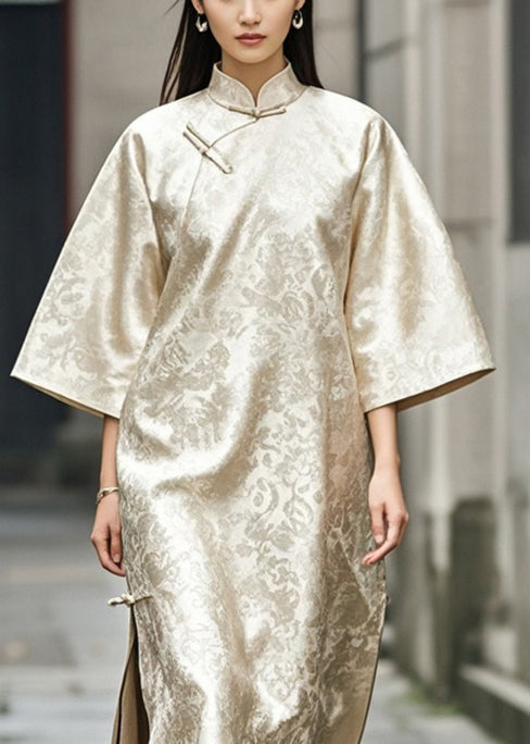 Boutique Champagne Print Silk Oriental Dress Cheongsam Spring