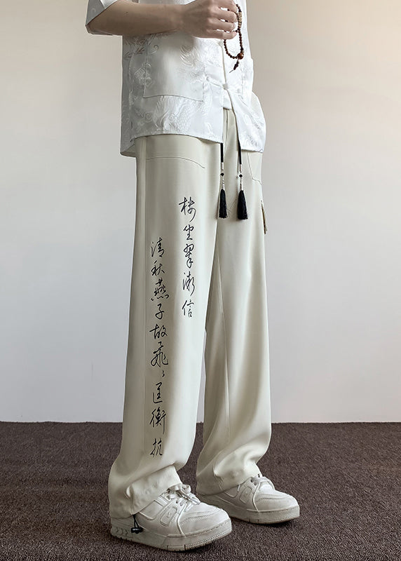 Boutique Chinese Style Beige Pockets Print Ice Silk Pants Summer