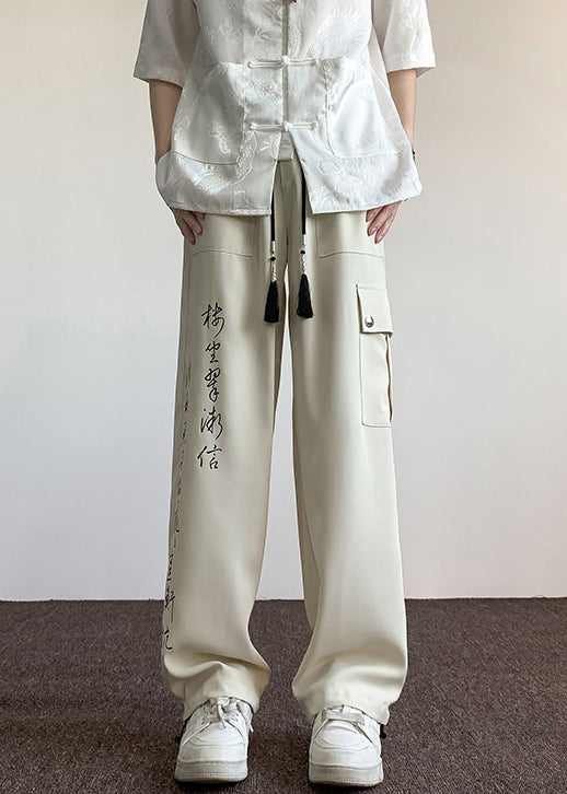 Boutique Chinese Style Beige Pockets Print Ice Silk Pants Summer