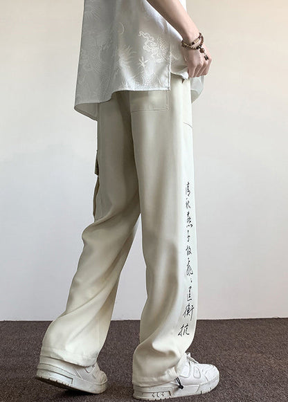 Boutique Chinese Style Beige Pockets Print Ice Silk Pants Summer