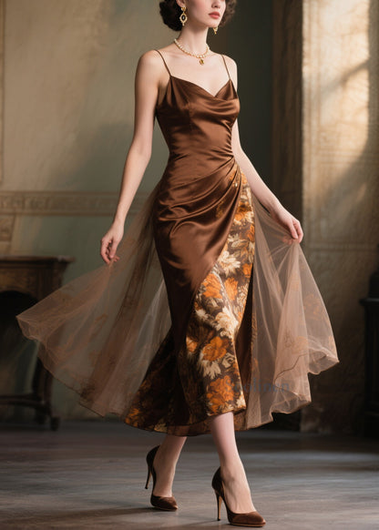 Boutique Chocolate Print Patchwork Tulle Cami Dress Summer