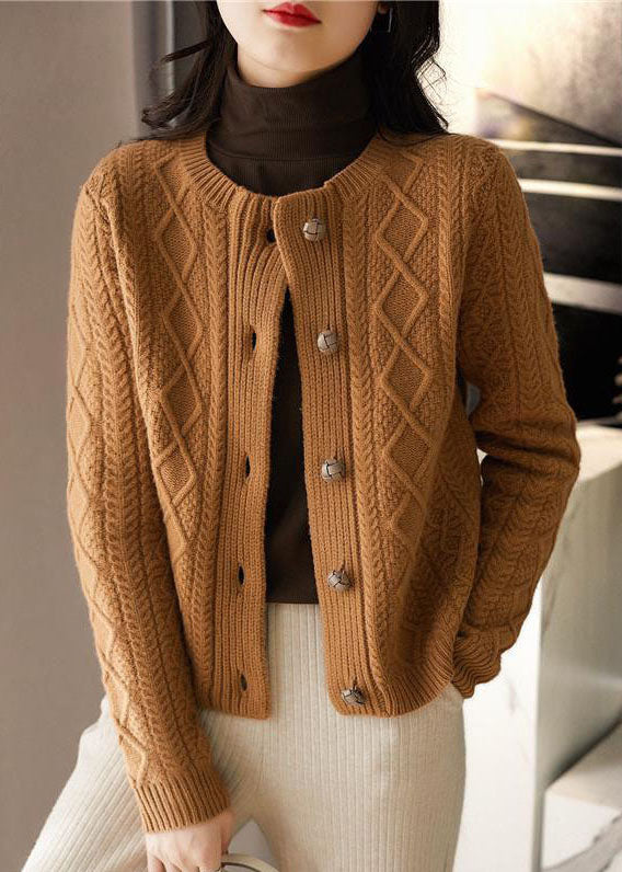 Boutique Chocolate O-neck Button Thick Cable Knit Cardigans Winter