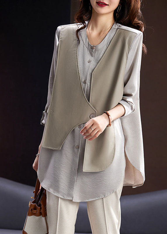 Boutique Coffee O-neck Pu Patchwork Fake Two Pieces Satin Shirt Long Sleeve