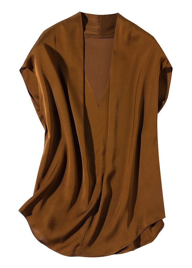 Boutique Coffee V Neck Silk Shirt Short Sleeve