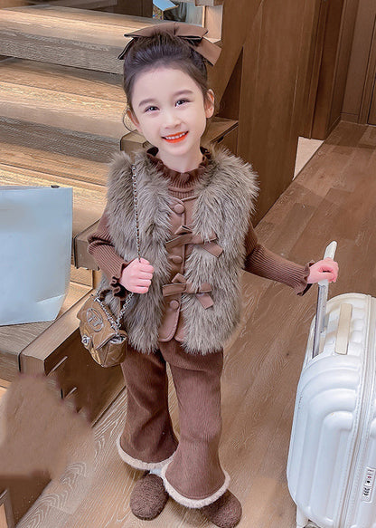 Boutique Coffee Warm Kids Knitted Cotton Waistcoat Sweaters and Flared Trousers Two Pieces Set Winter