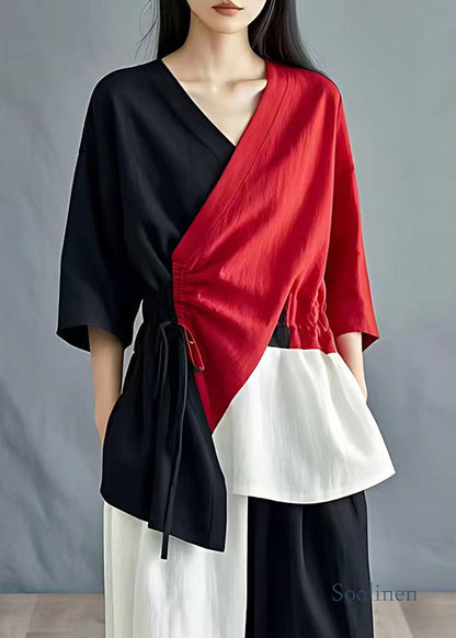 Boutique Colorblock Asymmetrical Patchwork Cinched Linen Tops Summer