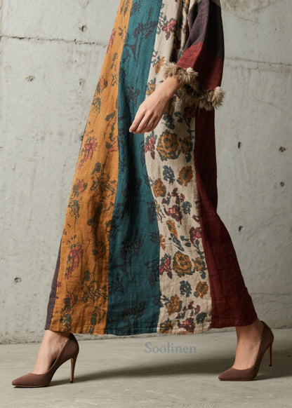Boutique Colorblock Print Fuzzy Fur Patchwork Cotton Dress Fall