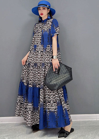 Boutique Colorblock Stand Collar Leopard Print Chiffon Vacation Dresses Short Sleeve