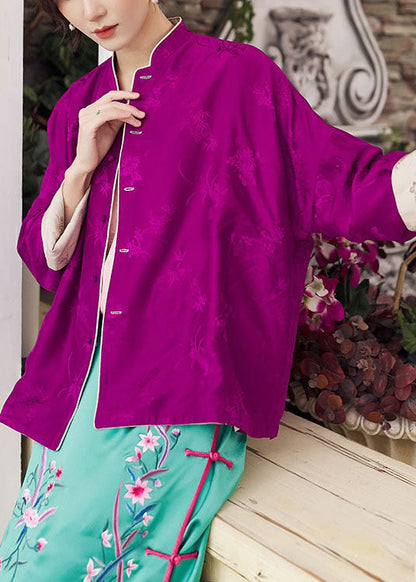 Boutique Colorblock Button Stand Collar Wear on Both Sides Print Silk Coats Spring