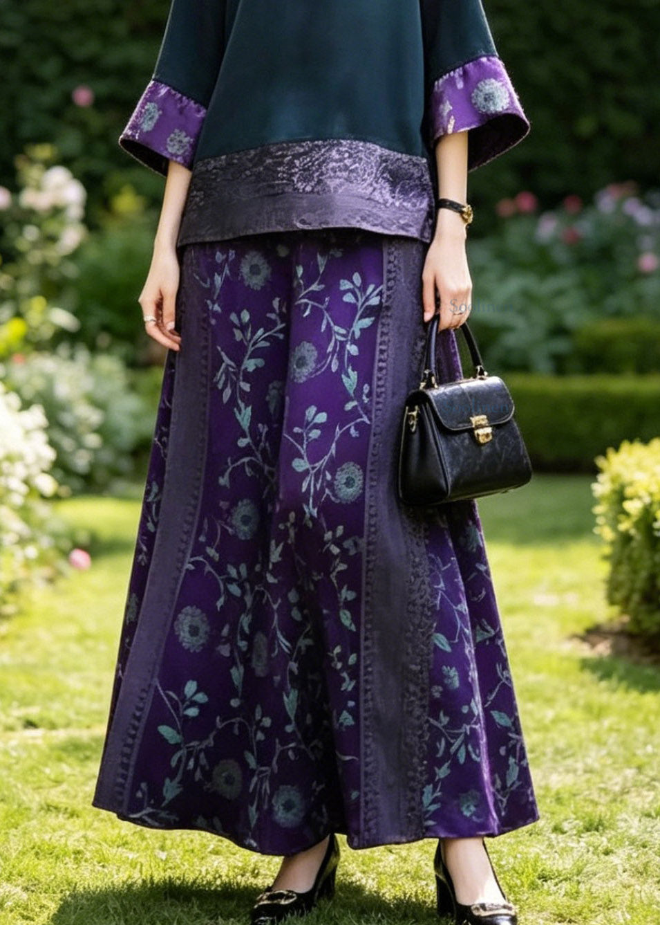 Boutique Dark Blue O-neck Patchwork Silk T Shirts and Wide Leg Pants Two Piece Set Summer