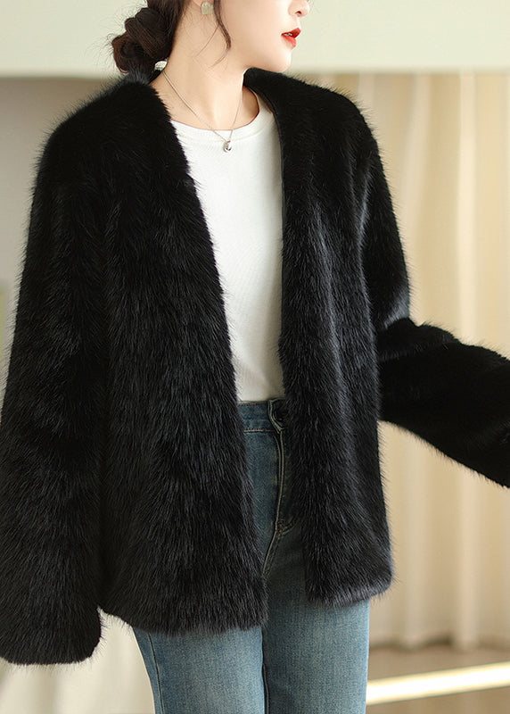 Boutique Coffee V Neck Faux Fur Coats Winter
