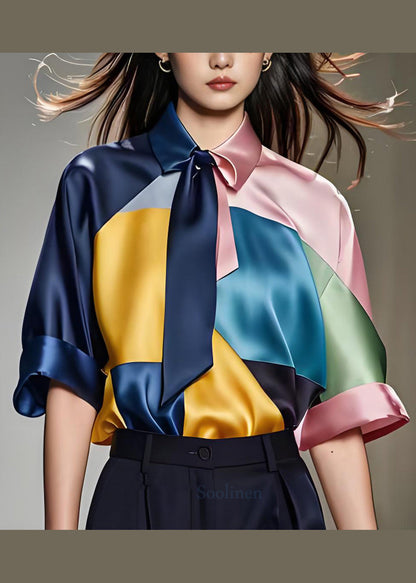 Boutique Colorblock Patchwork Silk Top Summer