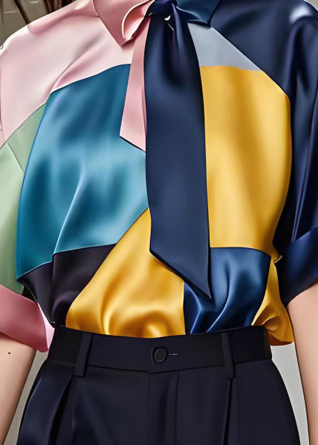 Boutique Colorblock Patchwork Silk Top Summer