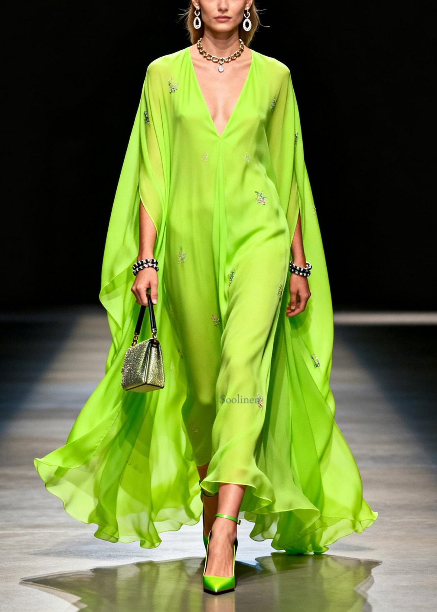 Boutique Fluorescen Green V Neck Zircon Chiffon Dress Summer
